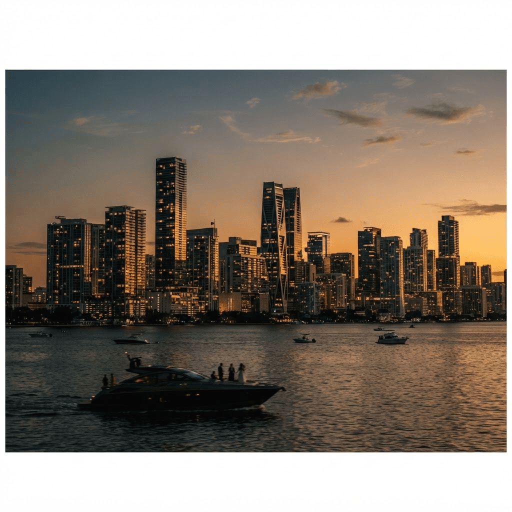 Cinematic Miami skyline at golden hour