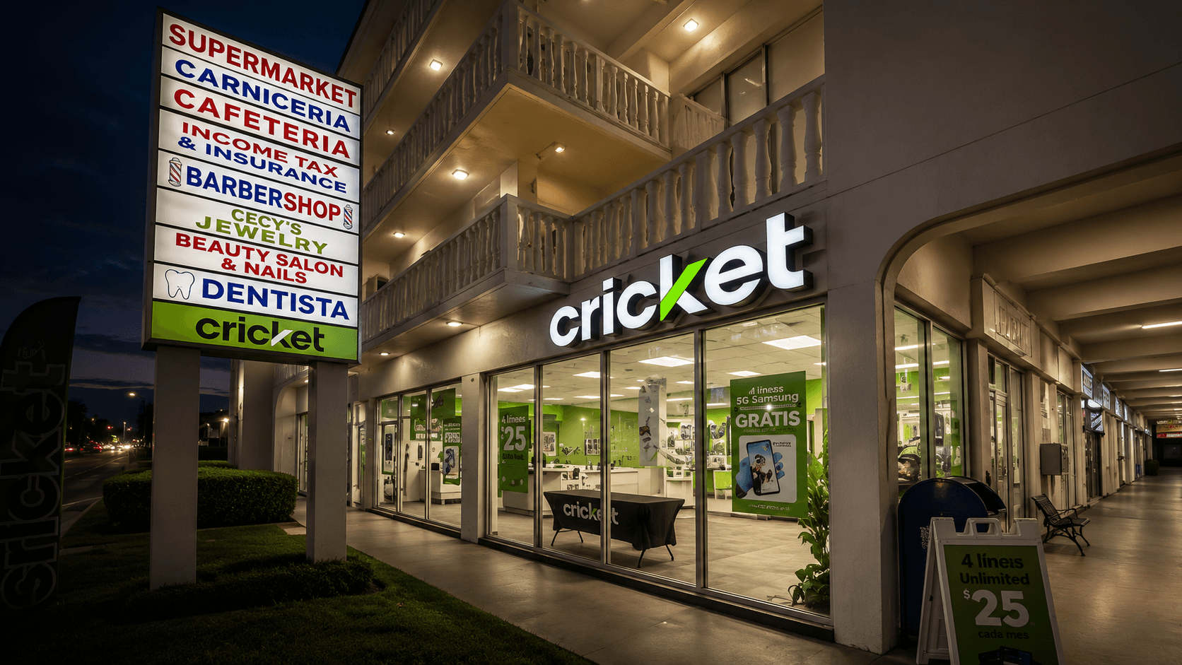 Cricket Wireless storefront at dusk with illuminated channel-letter signage and a tall multi-tenant pylon sign