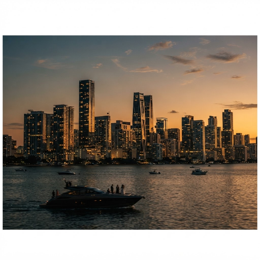 Cinematic Miami skyline at golden hour