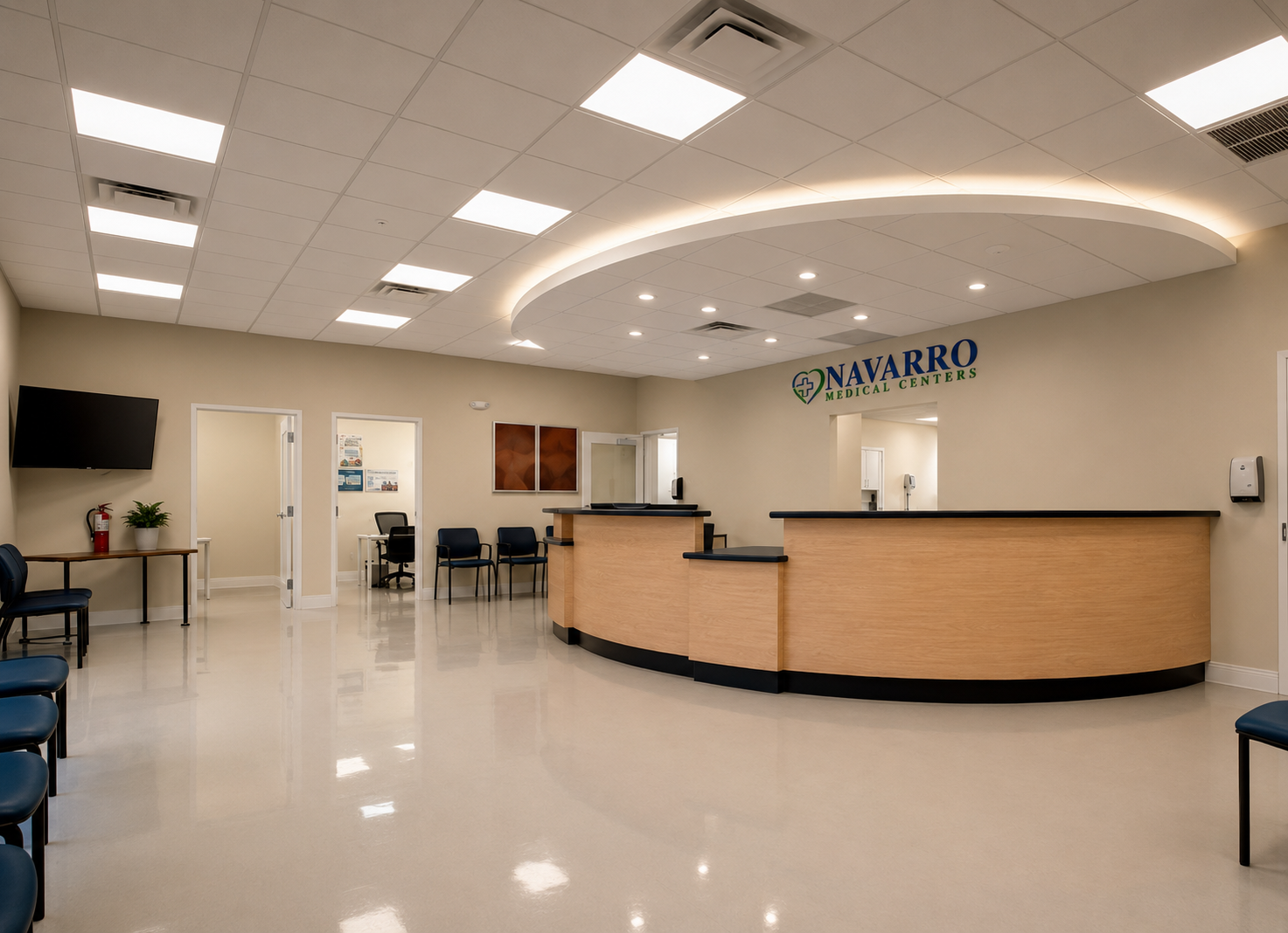Modern Navarro Medical Centers reception area with a curved wood counter and illuminated wall sign